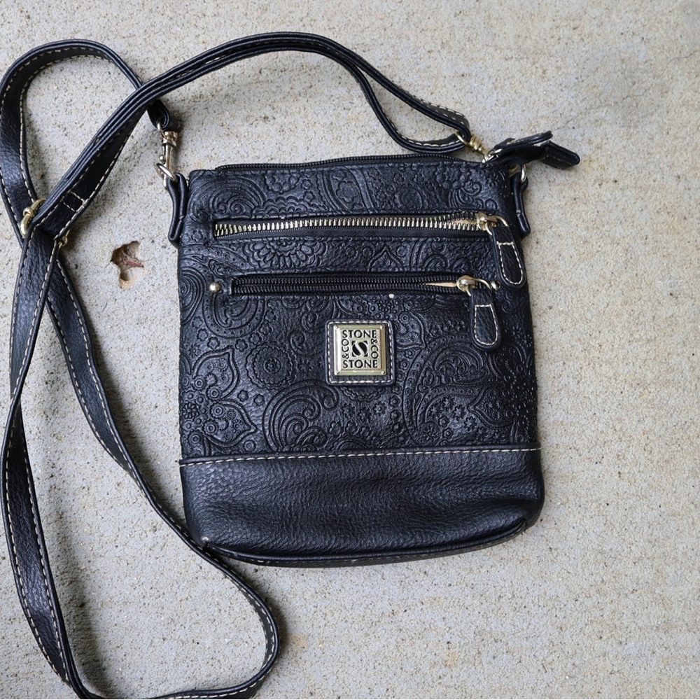 Stone and Co embossed faux leather black crossbody purse bag